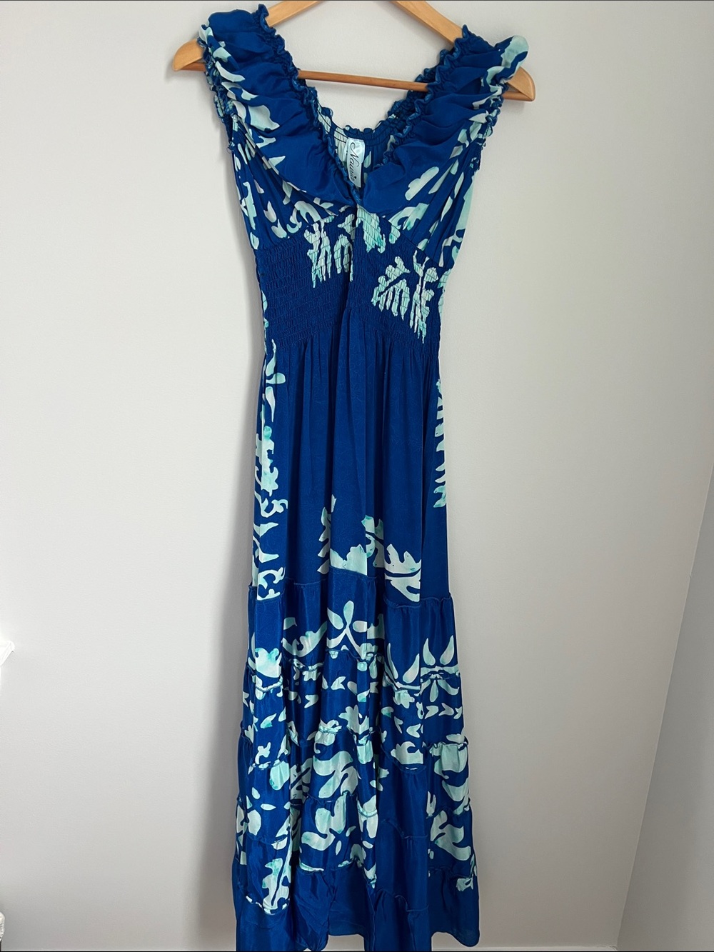 Nauria | Silk Blue Aqua Tropical Floral Ruffle Womenâs Maxi Dress NWT One Size - Picture 1 of 17